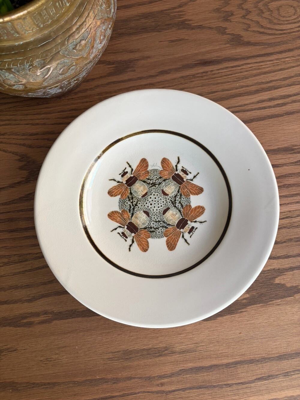 Vintage Hand Painted Ceramic Bee Plate Signed Art Plate 10.5”